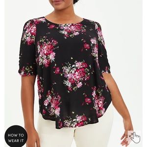 BLACK FLORAL RAYON CREPE RUCHED BLOUSE